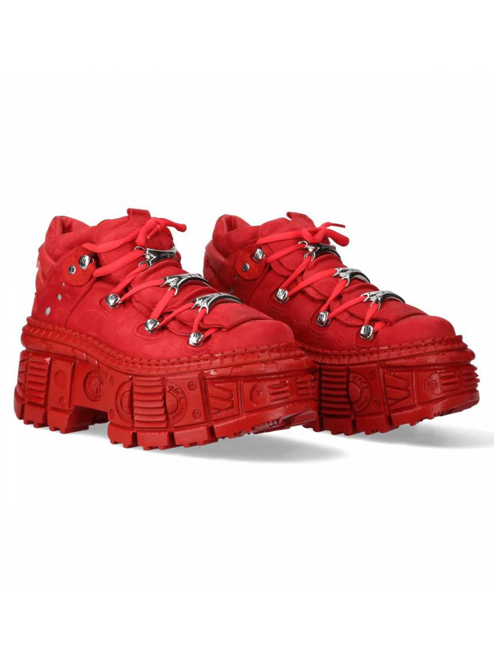 Men's red platform ankle boots with sturdy cords and unique rock style from the WALL COLLECTION.