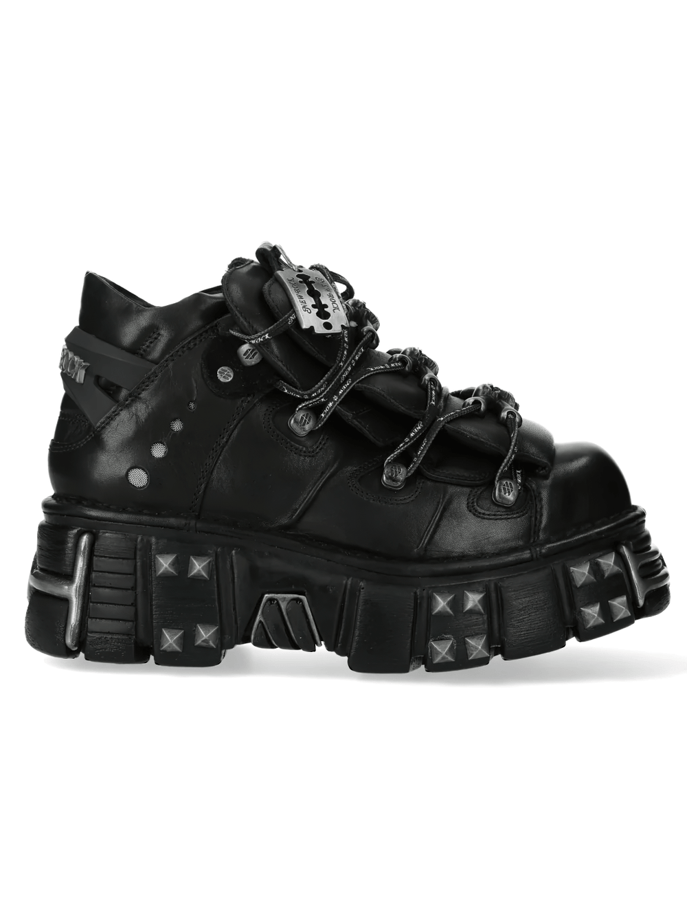 Alt Tag: NEW ROCK Men's Ankle Boots with Studded Sole Silhouette black low platform boot with blade lace hardware and chunky gothic outsole