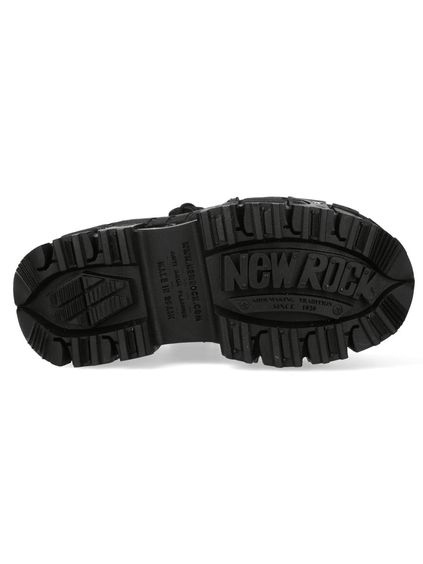 NEW ROCK Men's Black Armored Platform Boots with Hardware outsole featuring sculpted tread and rugged design.
