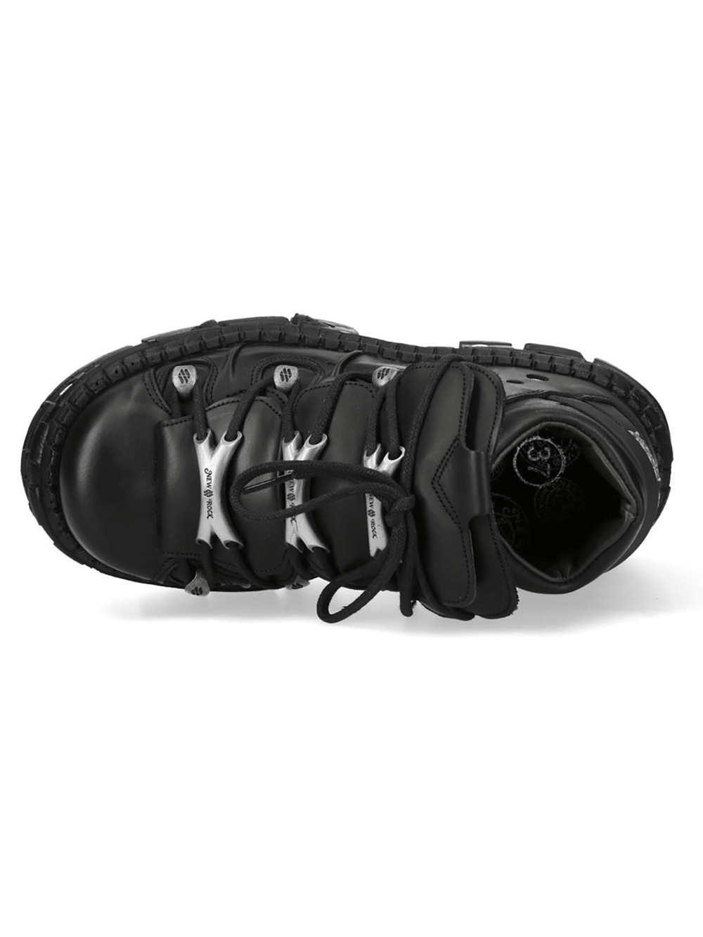 NEW ROCK Men's Black Armored Platform Boots with Hardware top view showcasing oversized lace design and rugged sole.