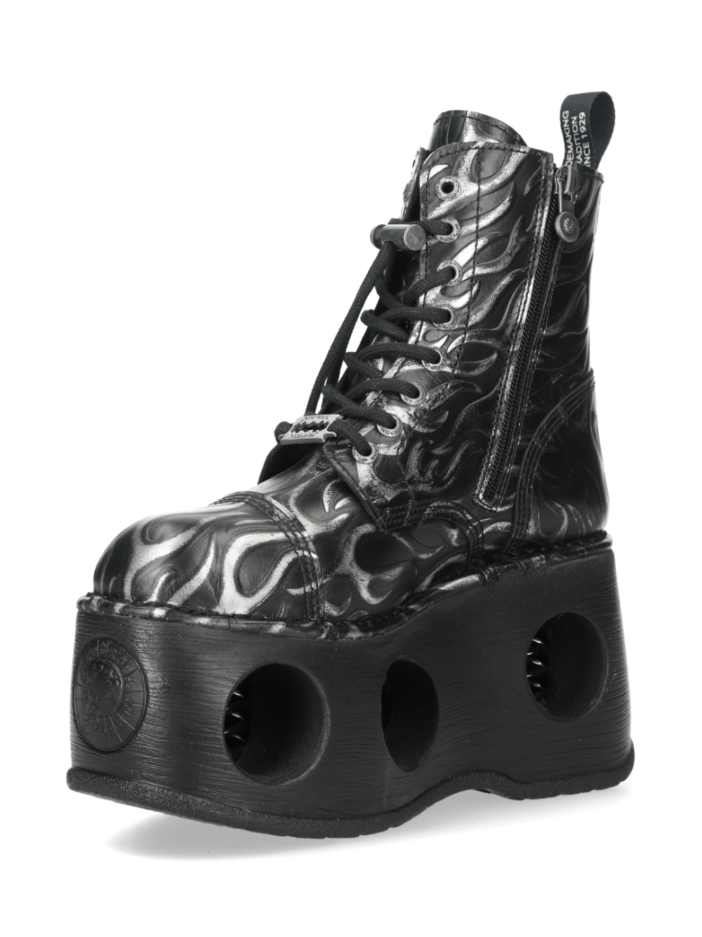 NEW ROCK Men's Black Platform Boots with Silver Flame Trim showcasing side zip and sculpted lug sole.