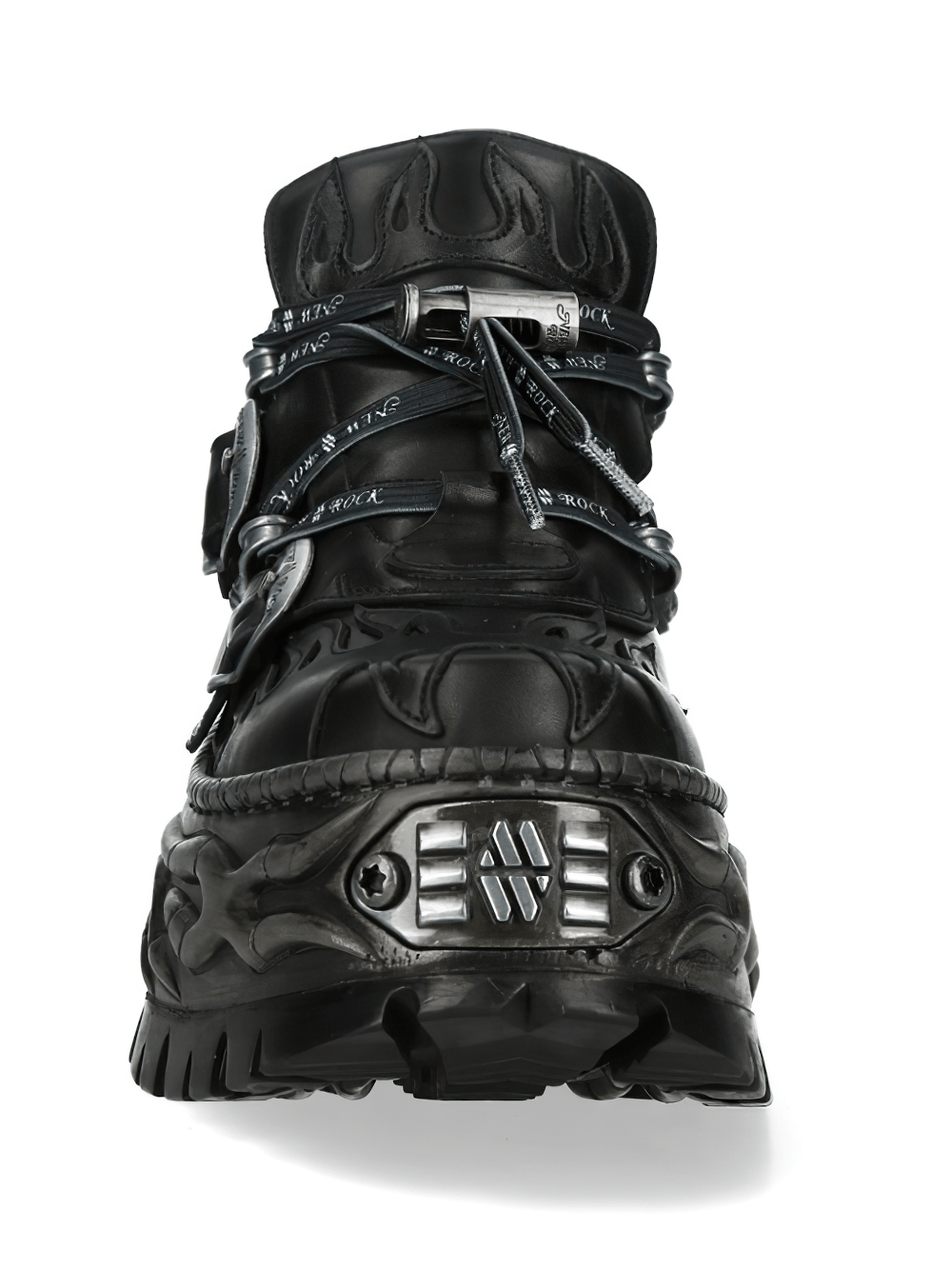 NEW ROCK Men's Black Platform Shoes with Buckled Strap Details featuring flame tread and bold buckle straps