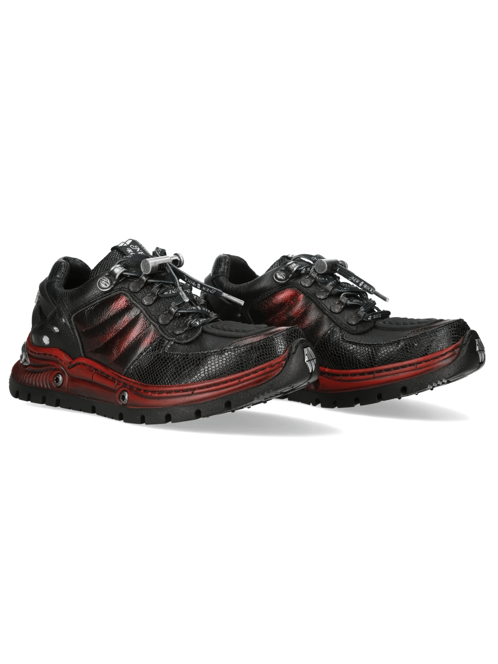 NEW ROCK Men's Black Red Rock Sneakers with Industrial Sole showcasing a gothic style with sculpted panels.