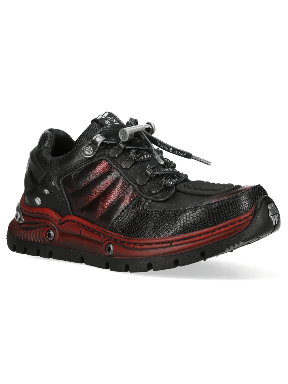 NEW ROCK Men's Black Red Rock Sneakers with Industrial Sole showcasing gothic streetwear style.
