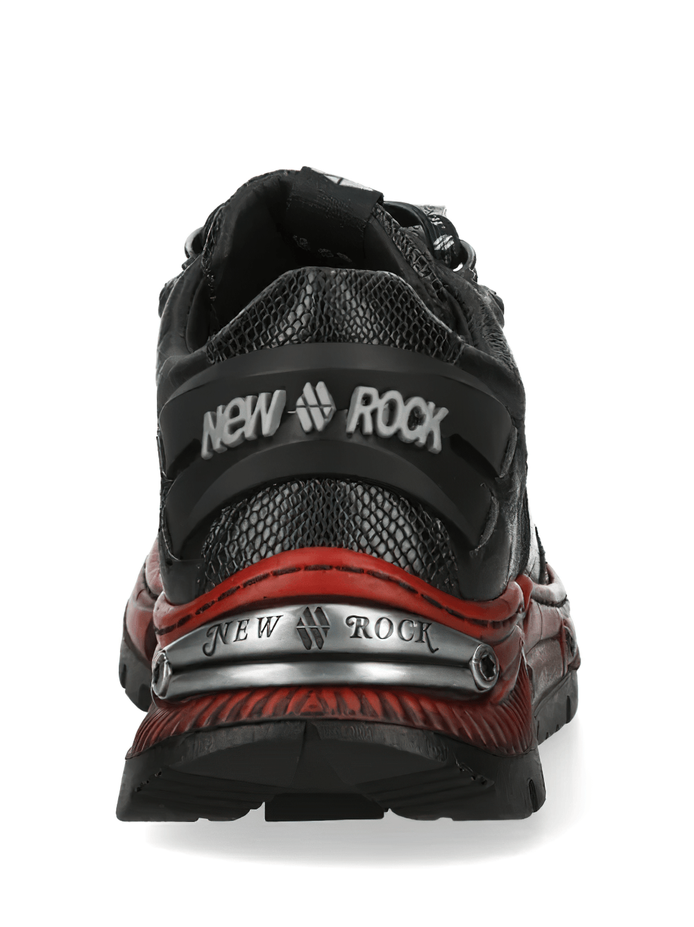 NEW ROCK Men's Black Red Rock Sneakers with Industrial Sole back view showcasing gothic streetwear style.