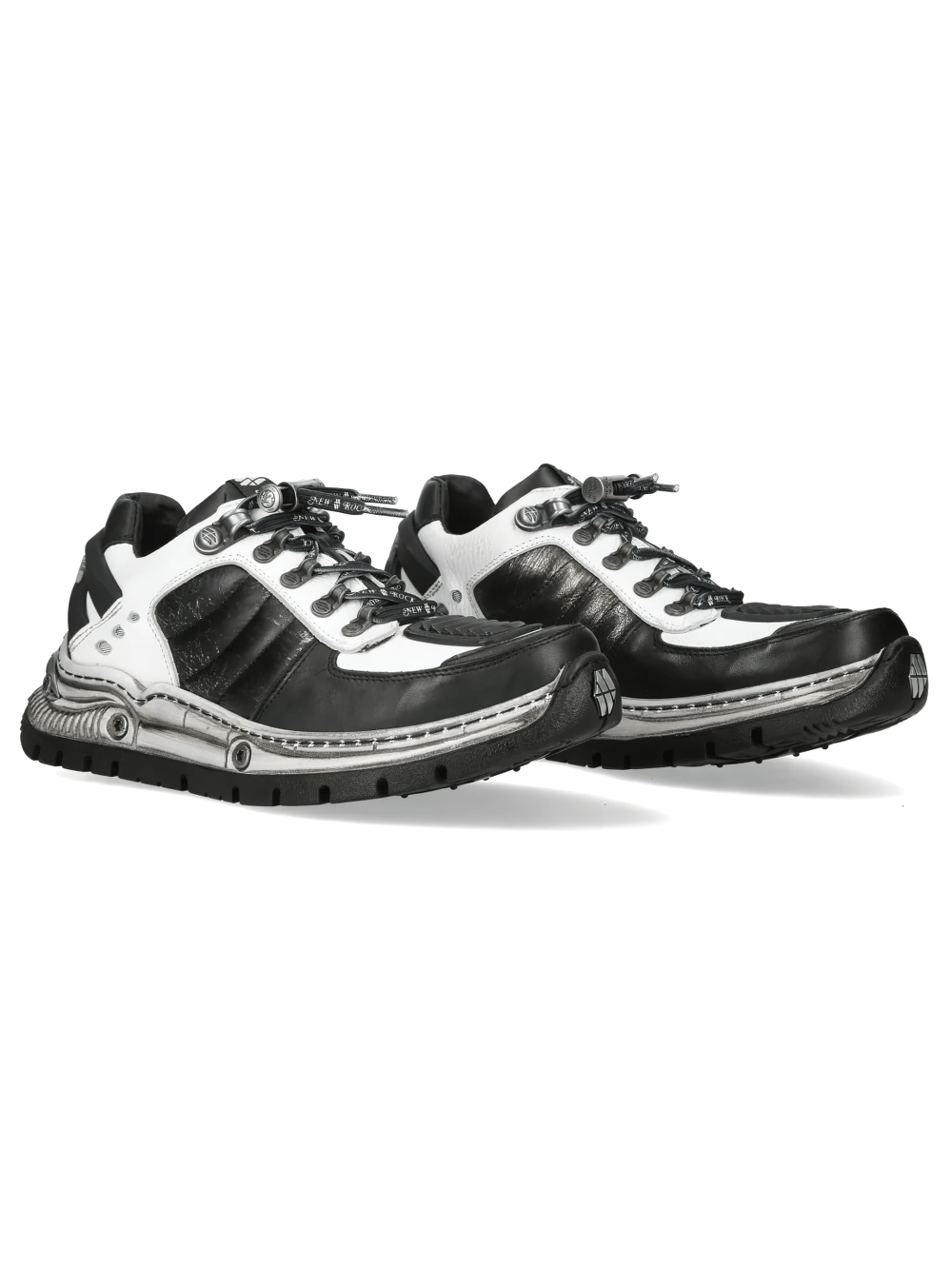 NEW ROCK Men's Black White Rock Sneakers with Metal Details showcasing a gothic streetwear design and rugged sole.