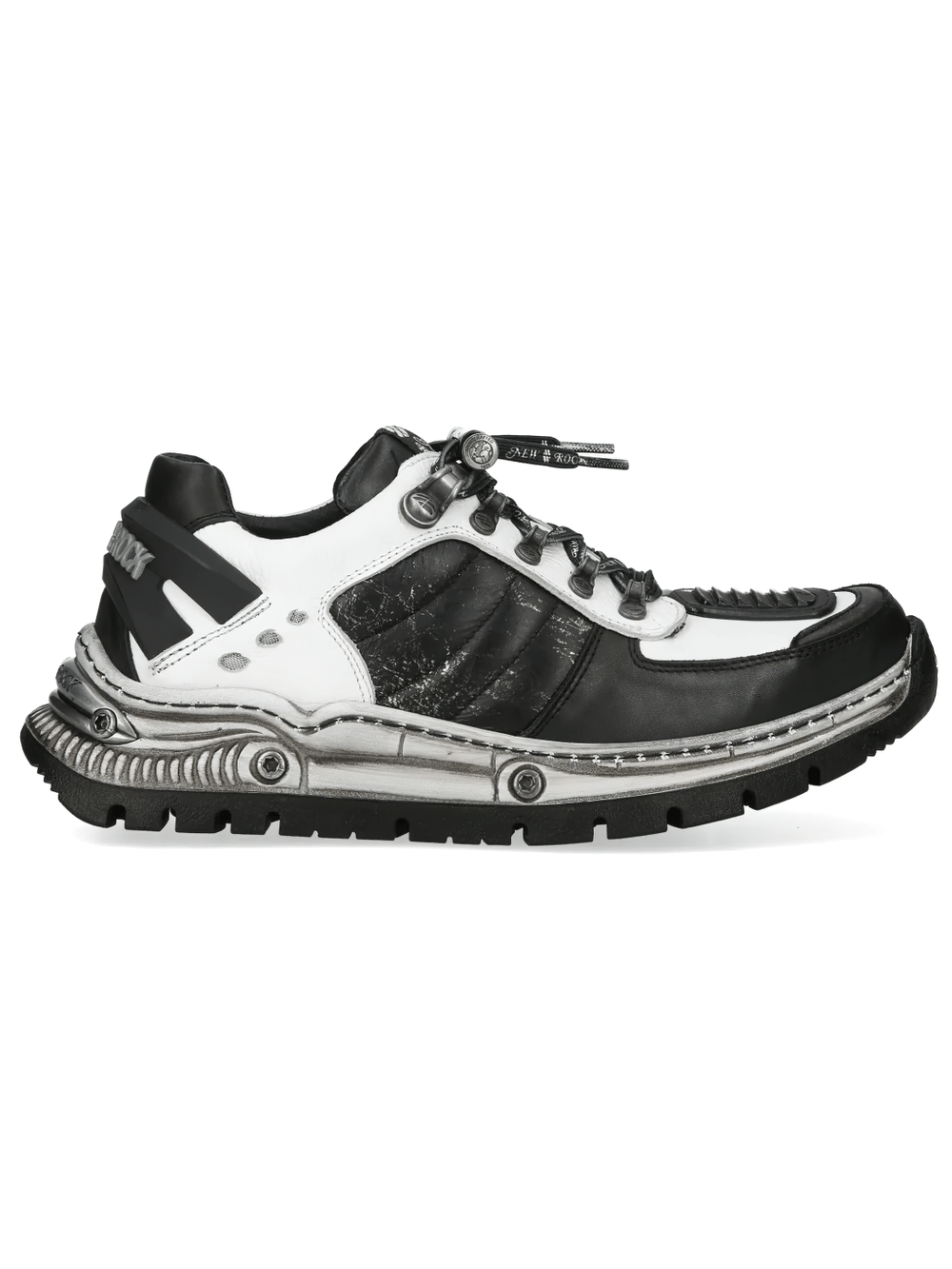 NEW ROCK Men's Black White Rock Sneakers with Metal Details showcasing sleek black and white design and industrial sole.