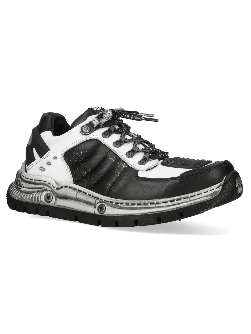 NEW ROCK Men's Black White Rock Sneakers with Metal Details showcasing a sleek two-tone design and rugged sole.