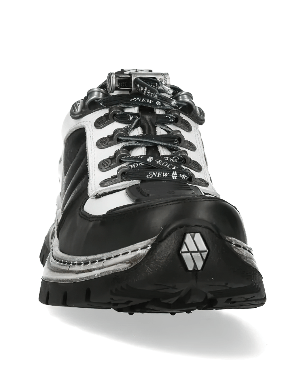 NEW ROCK Men's Black White Rock Sneakers with Metal Details featuring a bold black and white design and rugged sole.