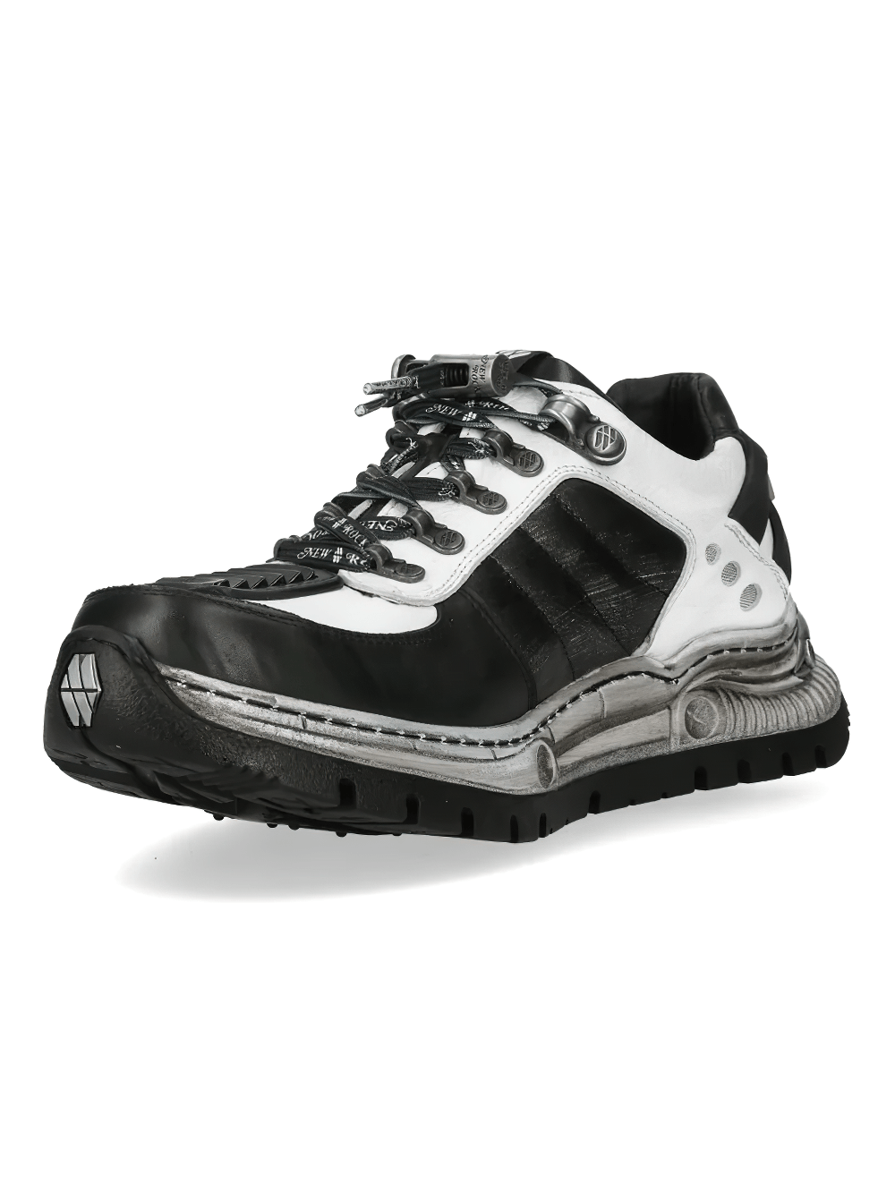 NEW ROCK Men's Black White Rock Sneakers with Metal Details showcasing industrial style and rugged design.