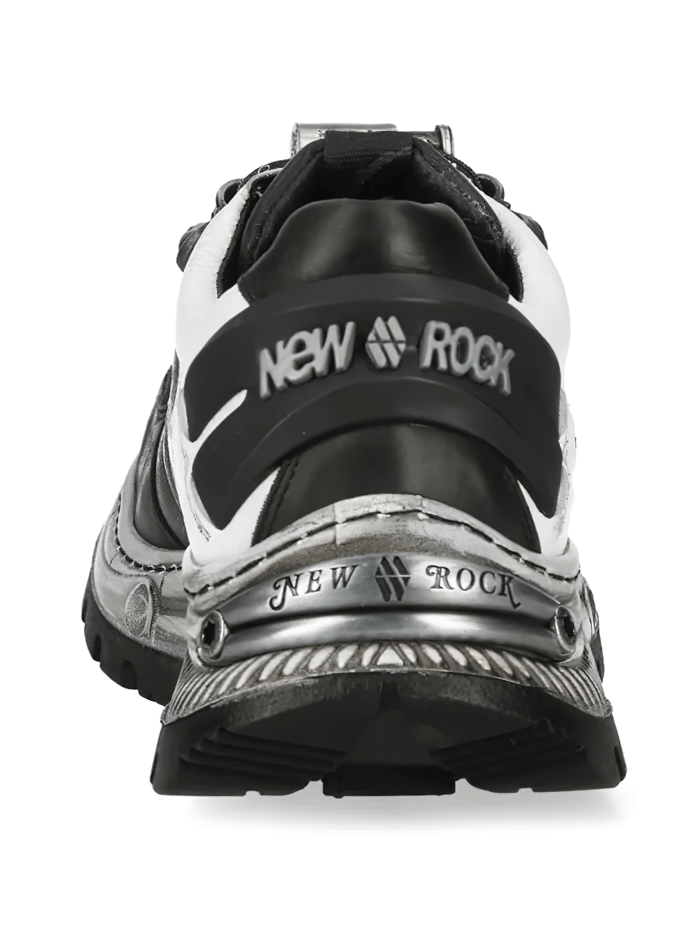 NEW ROCK Men's Black White Rock Sneakers with Metal Details, back view showcasing metal details and sleek design.