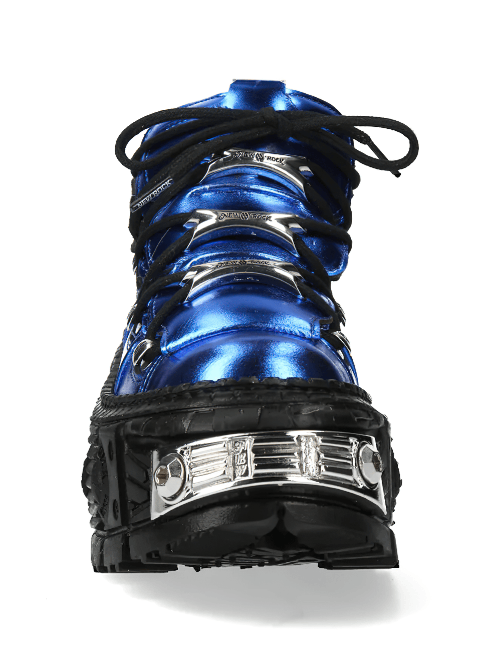 NEW ROCK Men's Blue Gothic Shoes with Industrial Chrome Trim featuring electric blue finish and chrome accents.