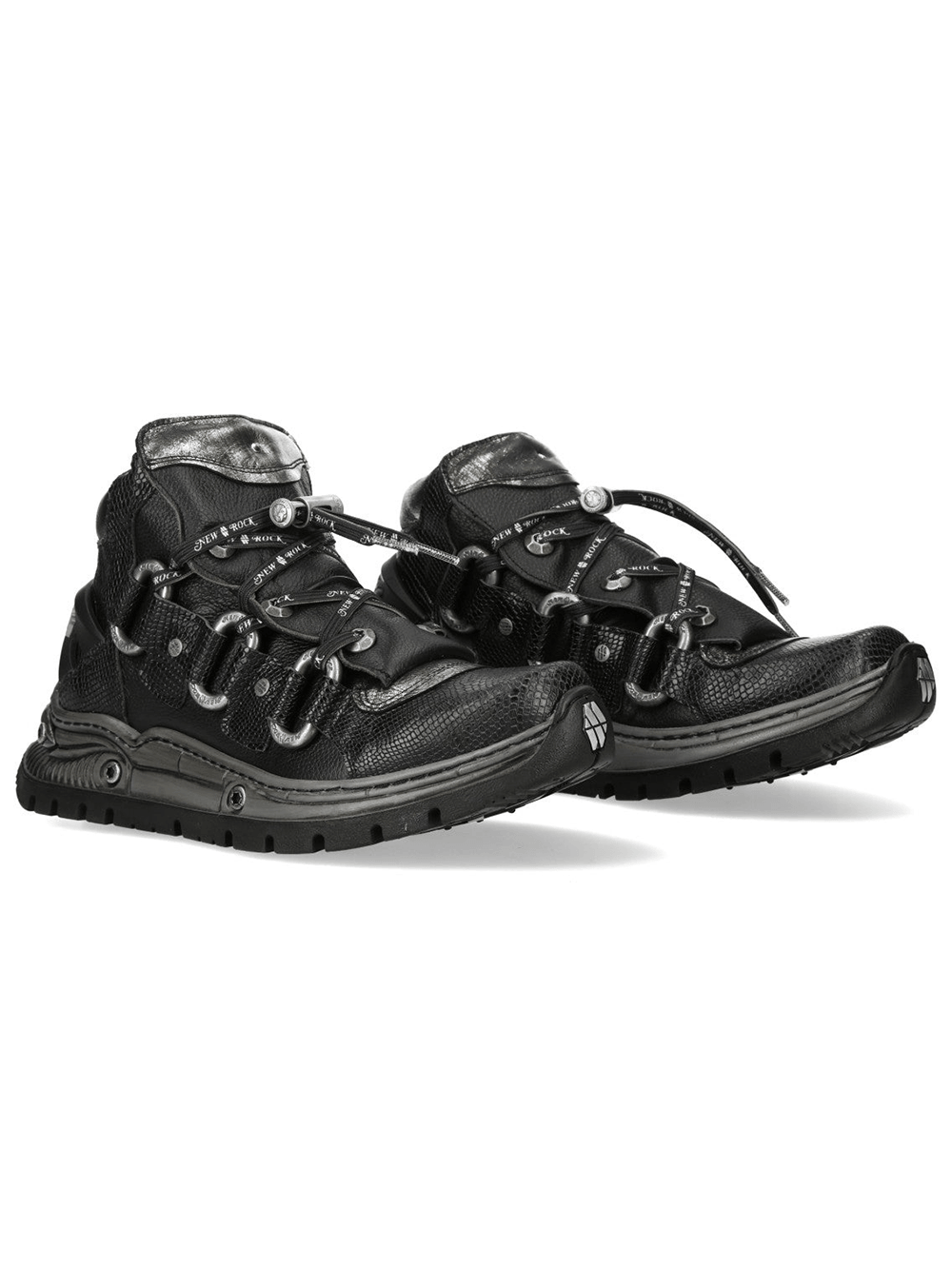 NEW ROCK Men's Boots with Cord Lacing and Textured Sole in black, featuring textured panels and rugged design.