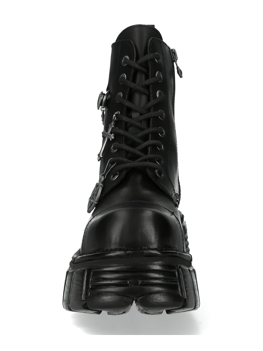 NEW ROCK Men's Charms Ankle Boots with Cross and Pin Detail - front view showcasing punk style and chunky platform.