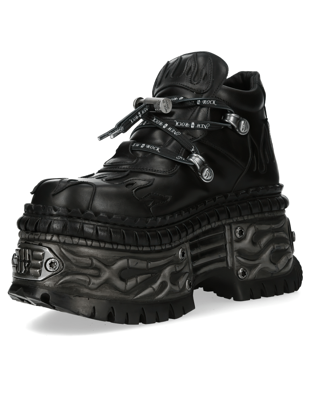 NEW ROCK Men's Dark Platform Shoes with Buckled Trim Detail featuring flame trim and chunky sole