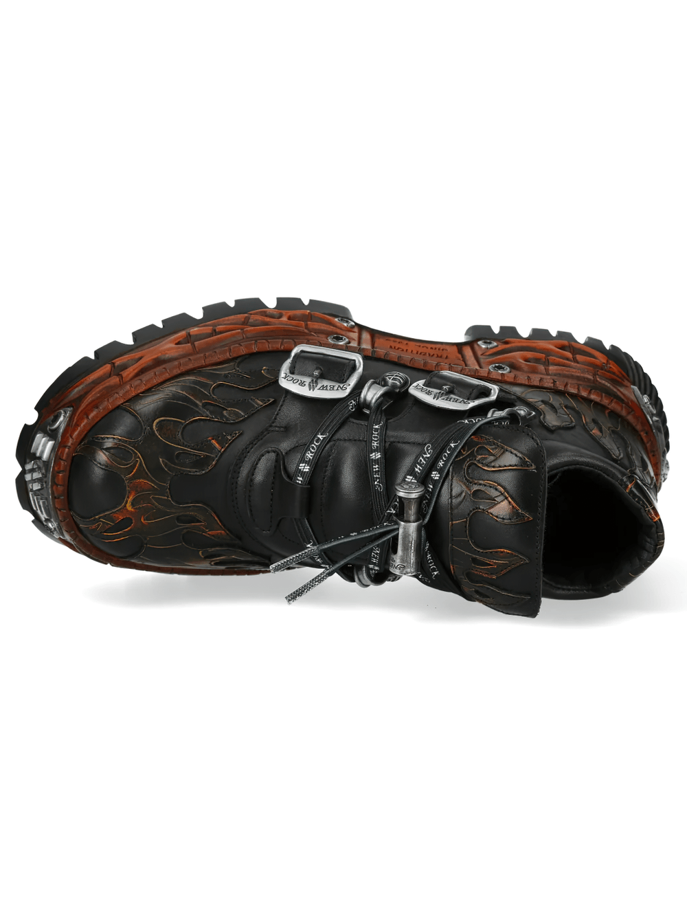 NEW ROCK Men's Flame Rock Shoes with Double Buckle Details showcasing embossed flame patterns and a sculpted orange wall sole.