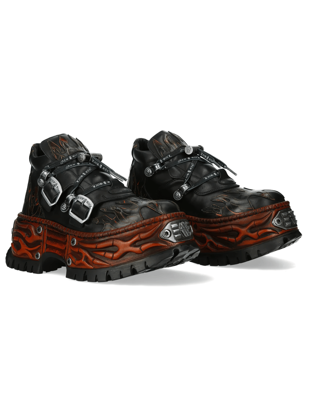 NEW ROCK Men's Flame Rock Shoes with Double Buckle Details featuring black leather and sculpted orange wall soles.
