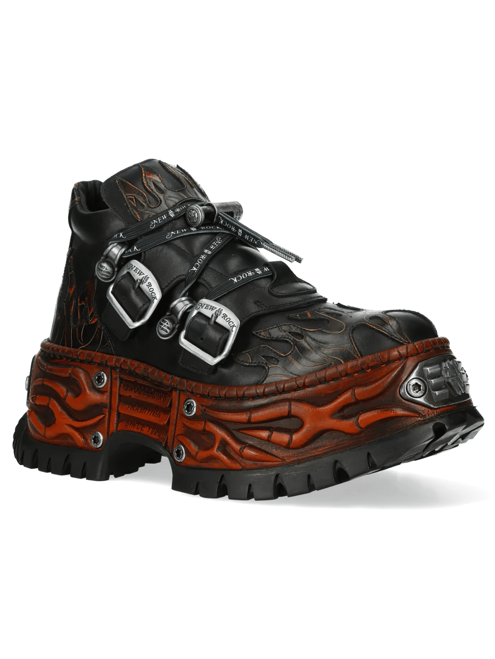 NEW ROCK Men's Flame Rock Shoes with Double Buckle Details showcasing gothic style and embossed flame patterns.