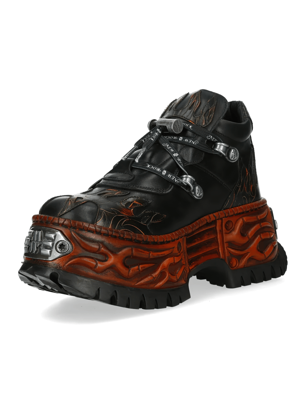 NEW ROCK Men's Flame Rock Shoes with Double Buckle Details featuring bold flame patterns and sculpted orange soles.