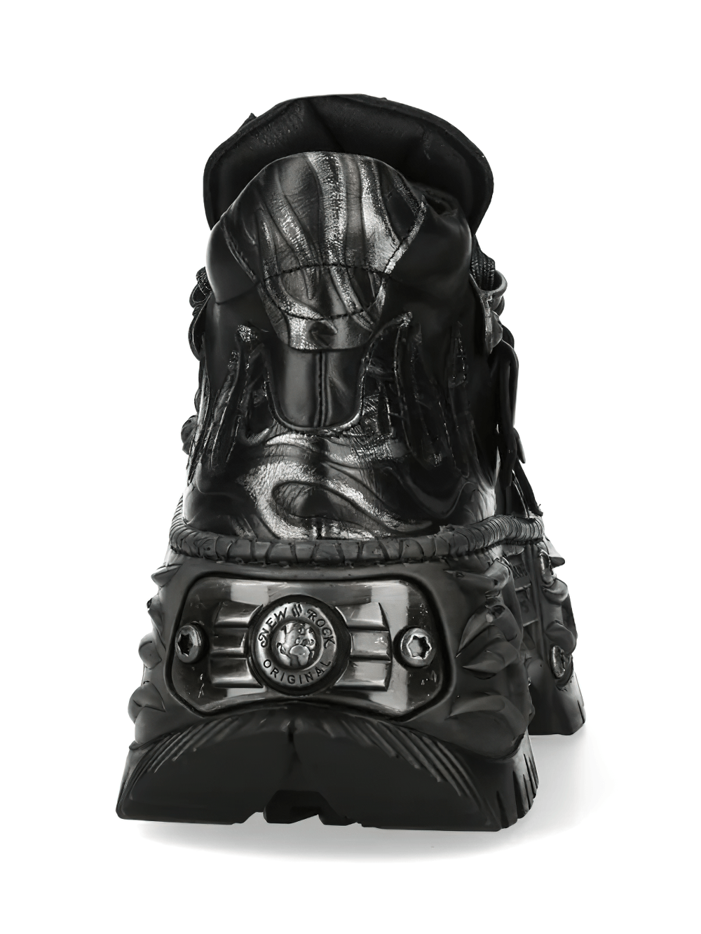 NEW ROCK Men's Flame Shoes with Double Buckle Straps black gothic platform shoes with embossed flame design and chunky sole.