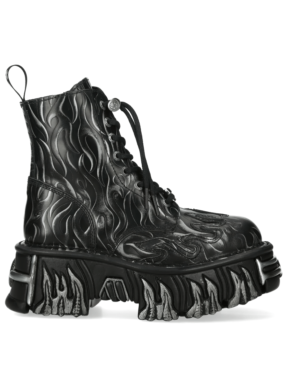 NEW ROCK Men's Gothic Flame Boots with Sculpted Silver Heels featuring embossed flames and metallic soles.