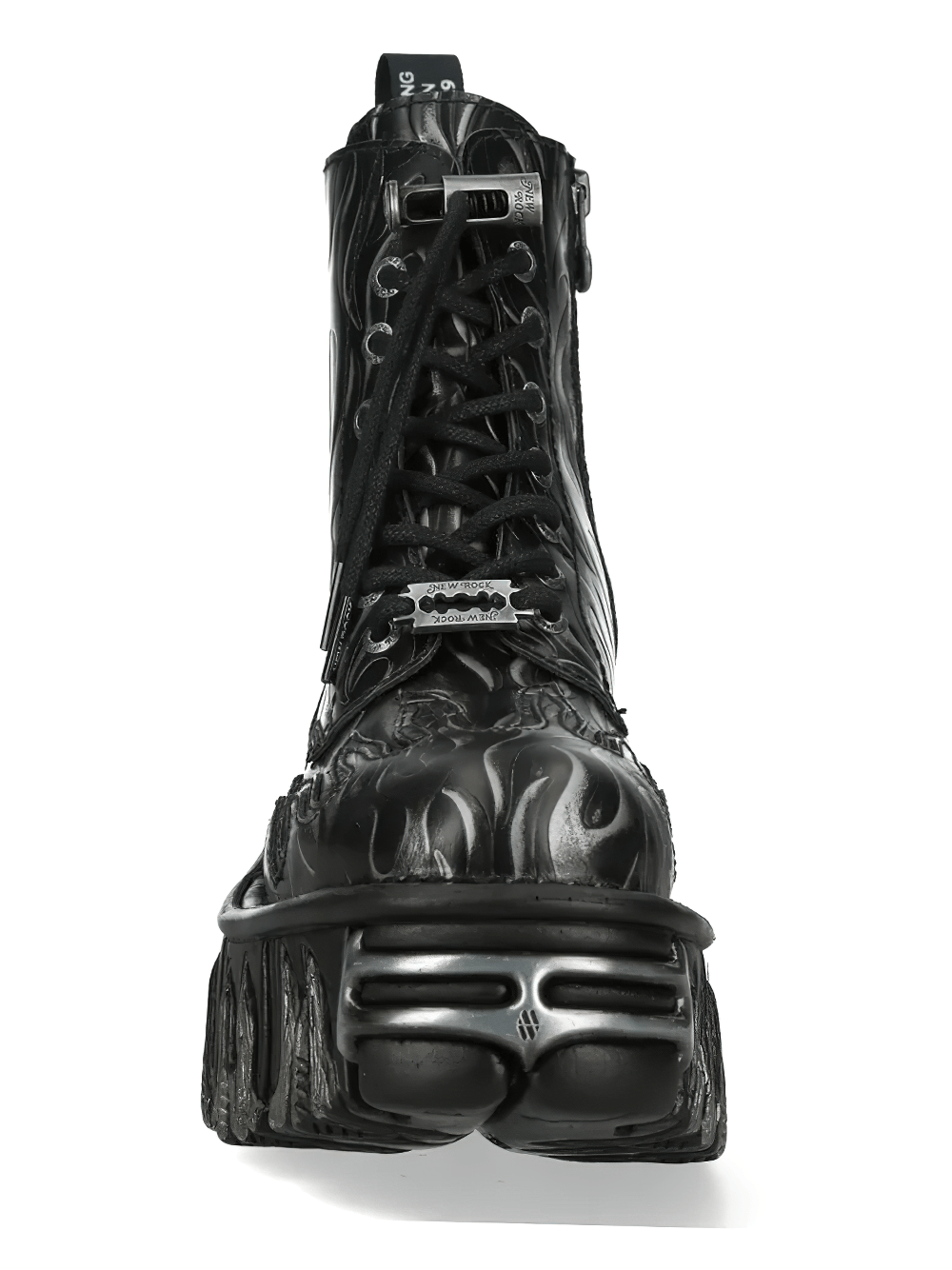 NEW ROCK Men's Gothic Flame Boots with Sculpted Silver Heels showcasing embossed flames and striking metallic accents.