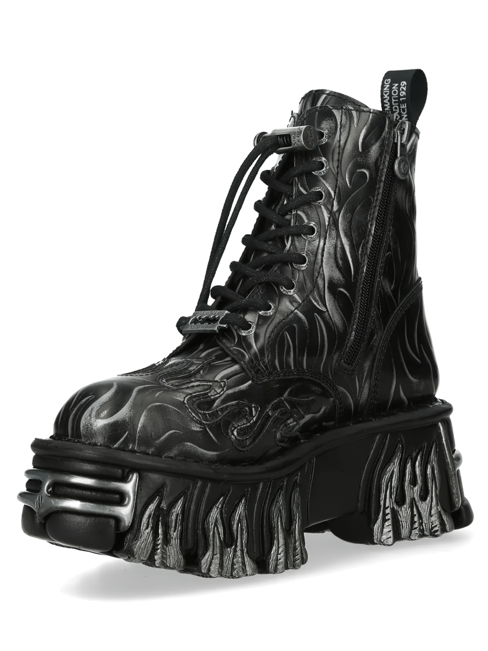 NEW ROCK Men's Gothic Flame Boots with Sculpted Silver Heels featuring embossed flames and striking sculpted platform.