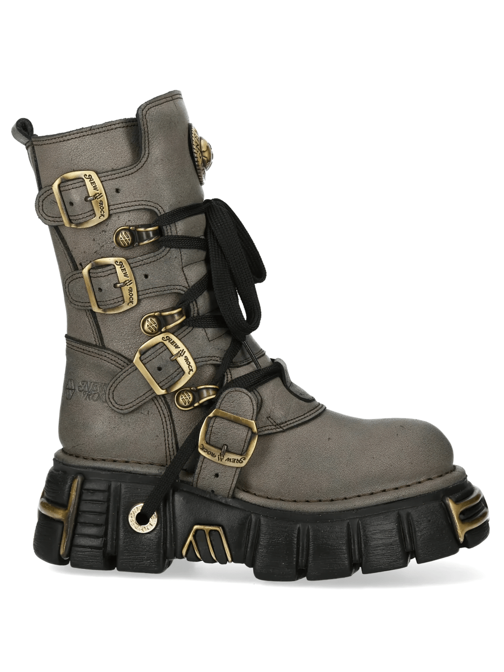 NEW ROCK Men's Gothic Platform Boots with Rugged Buckle Set in gray with chunky sole and antique gold-tone buckles.
