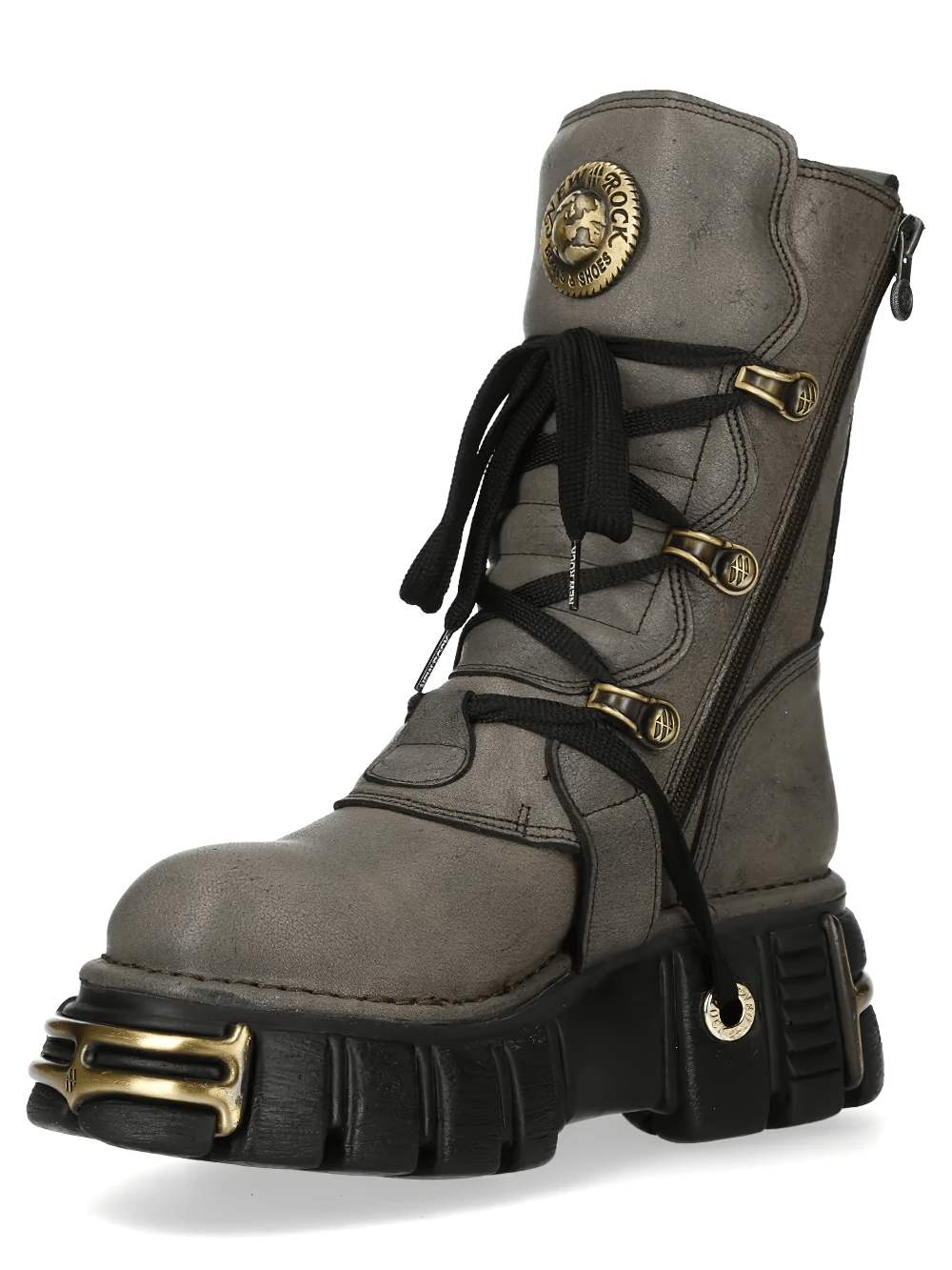 NEW ROCK Men's Gothic Platform Boots with Rugged Buckle Set showcasing gray leather, chunky sole, and antique gold-tone details.