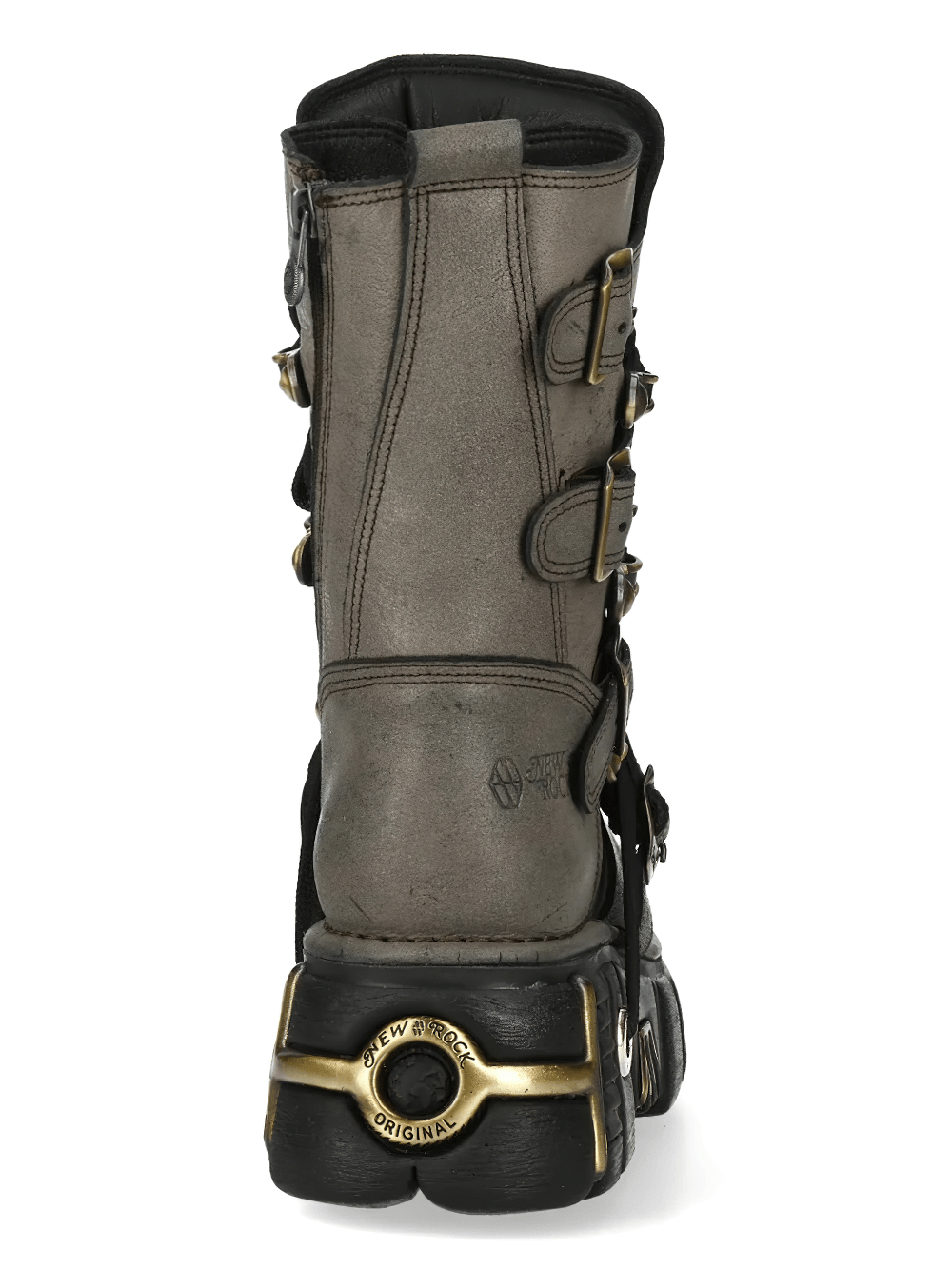 NEW ROCK Men's Gothic Platform Boots with Rugged Buckle Set - Back view showcasing antique gold buckles and rugged design.