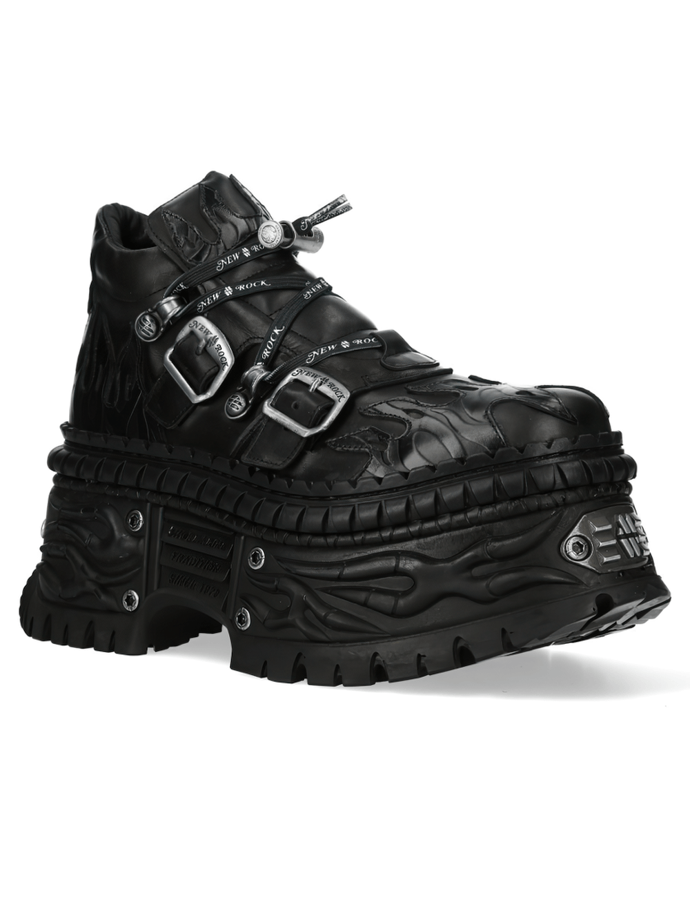 NEW ROCK Men's Gothic Platform Shoes with Flame Strap Trim showcasing black flames and buckle details.
