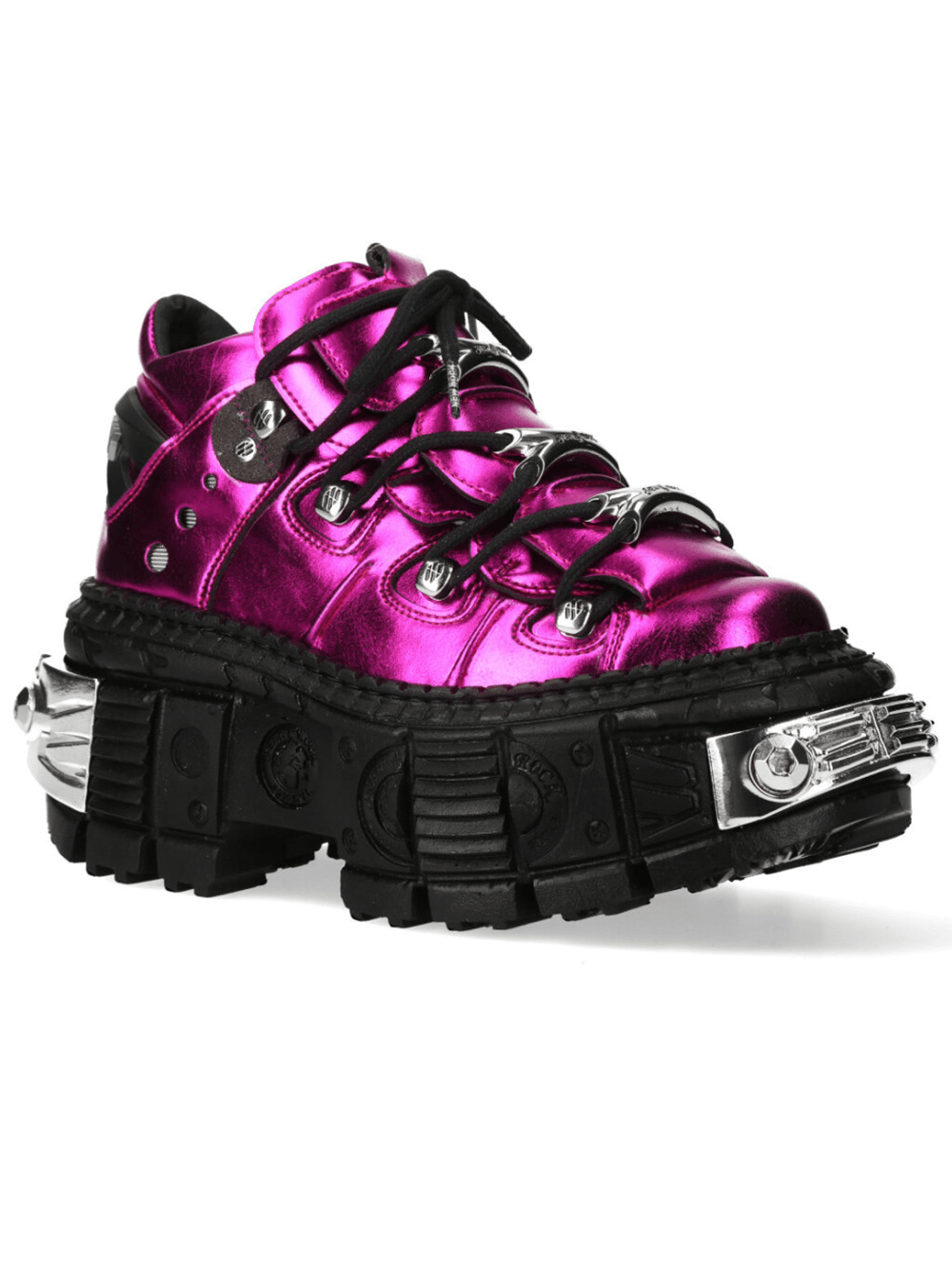 NEW ROCK Men's Gothic Shoes with Mechanical Hardware in metallic pink with armored platform sole.