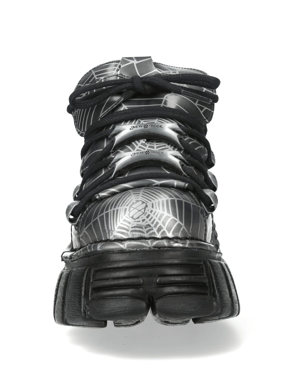 NEW ROCK Men's Gray Punk Shoes with Oversized Platform Sole featuring spiderweb print and oversized black sole.