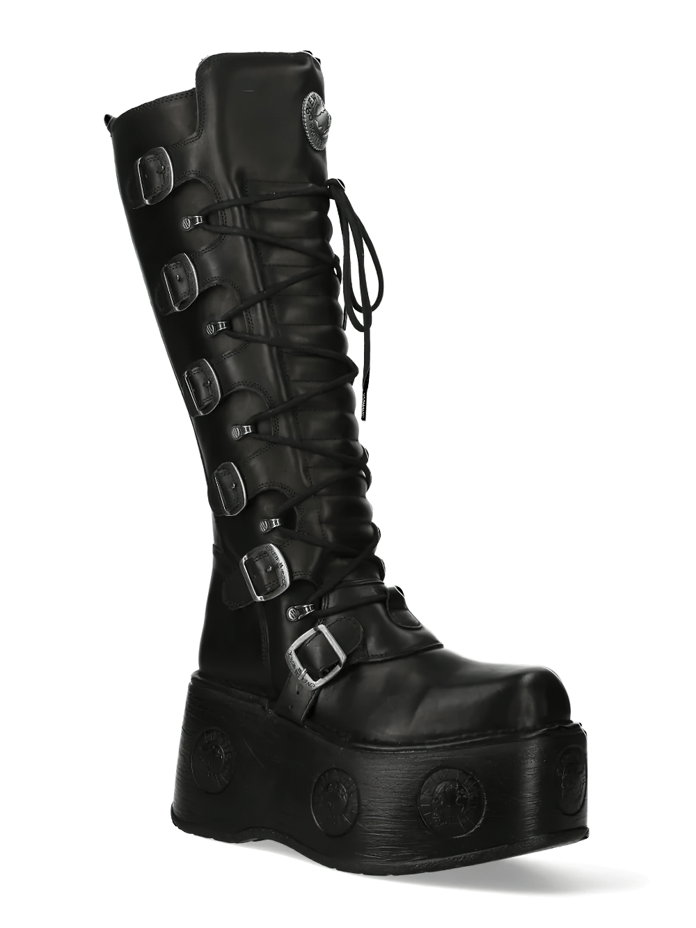 NEW ROCK Men's High Boots with Buckles and Platform Sole featuring a sleek black design and bold platform sole.