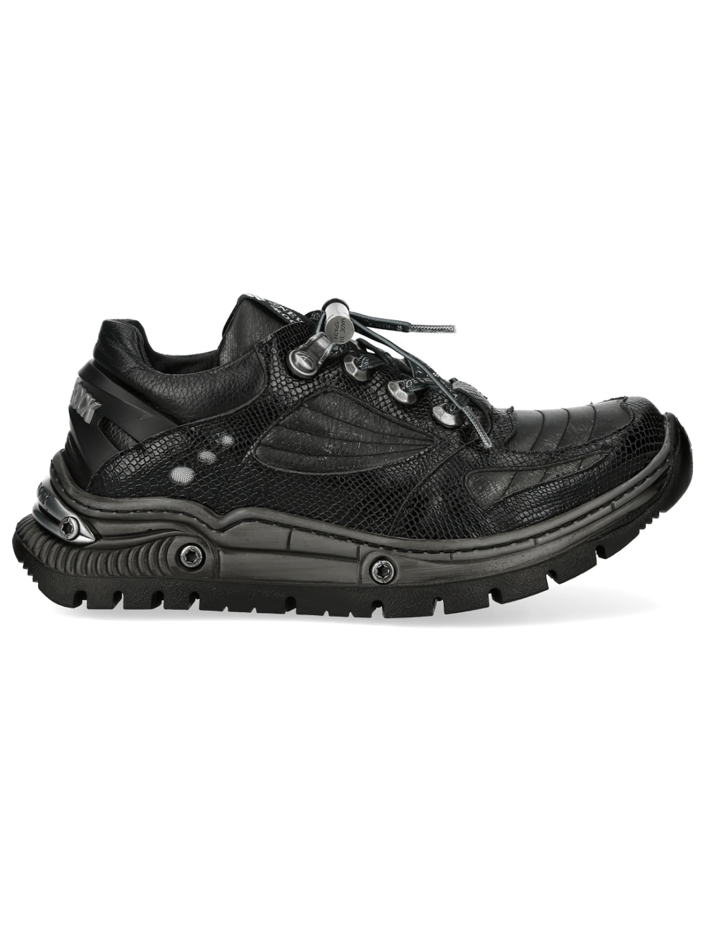 NEW ROCK Men's Low-Top Shoes with Reptile Textured Panels in black with rugged sole and metal hook lacing.