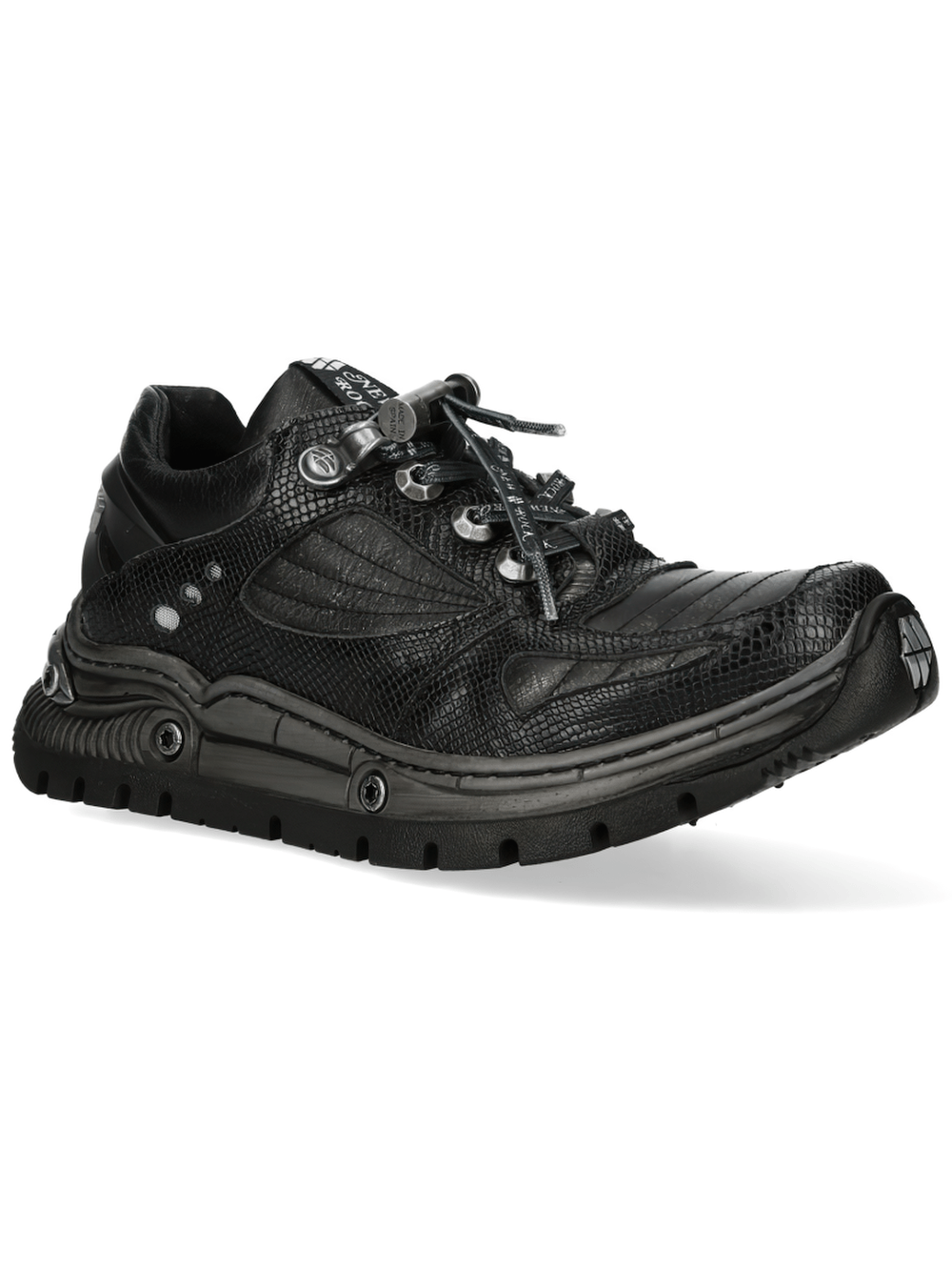 NEW ROCK Men's Low-Top Shoes with Reptile Textured Panels featuring sleek black design and rugged sole.