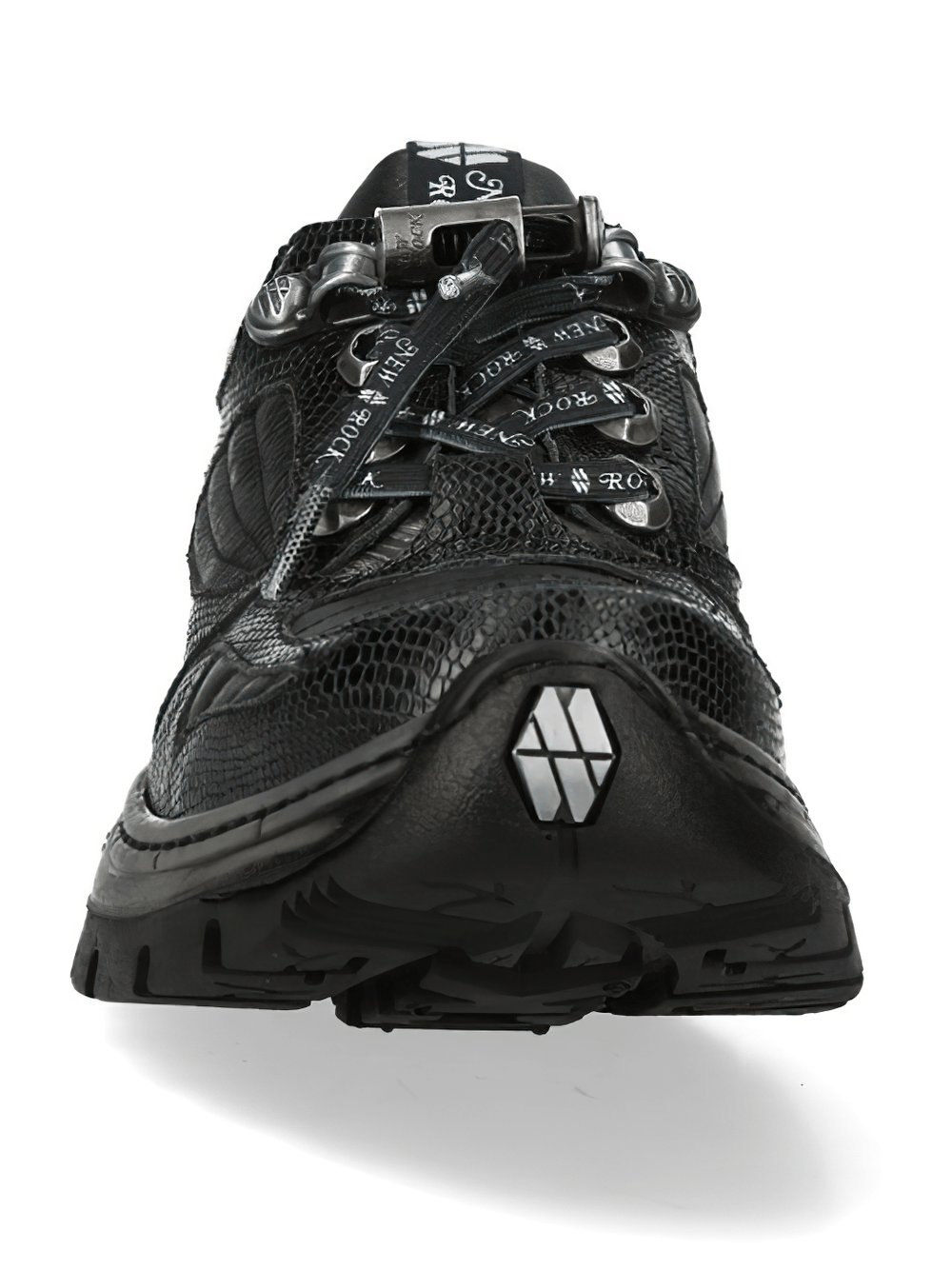 NEW ROCK Men's Low-Top Shoes with Reptile Textured Panels featuring industrial black design and rugged sole.
