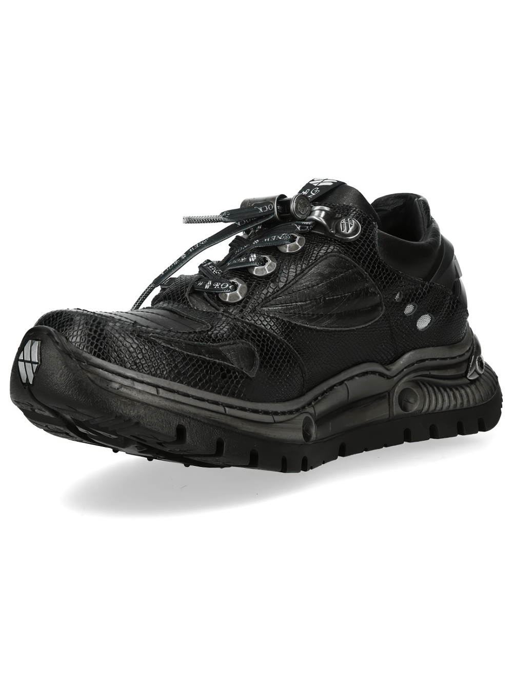 NEW ROCK Men's Low-Top Shoes with Reptile Textured Panels featuring hook lacing and rugged sole.