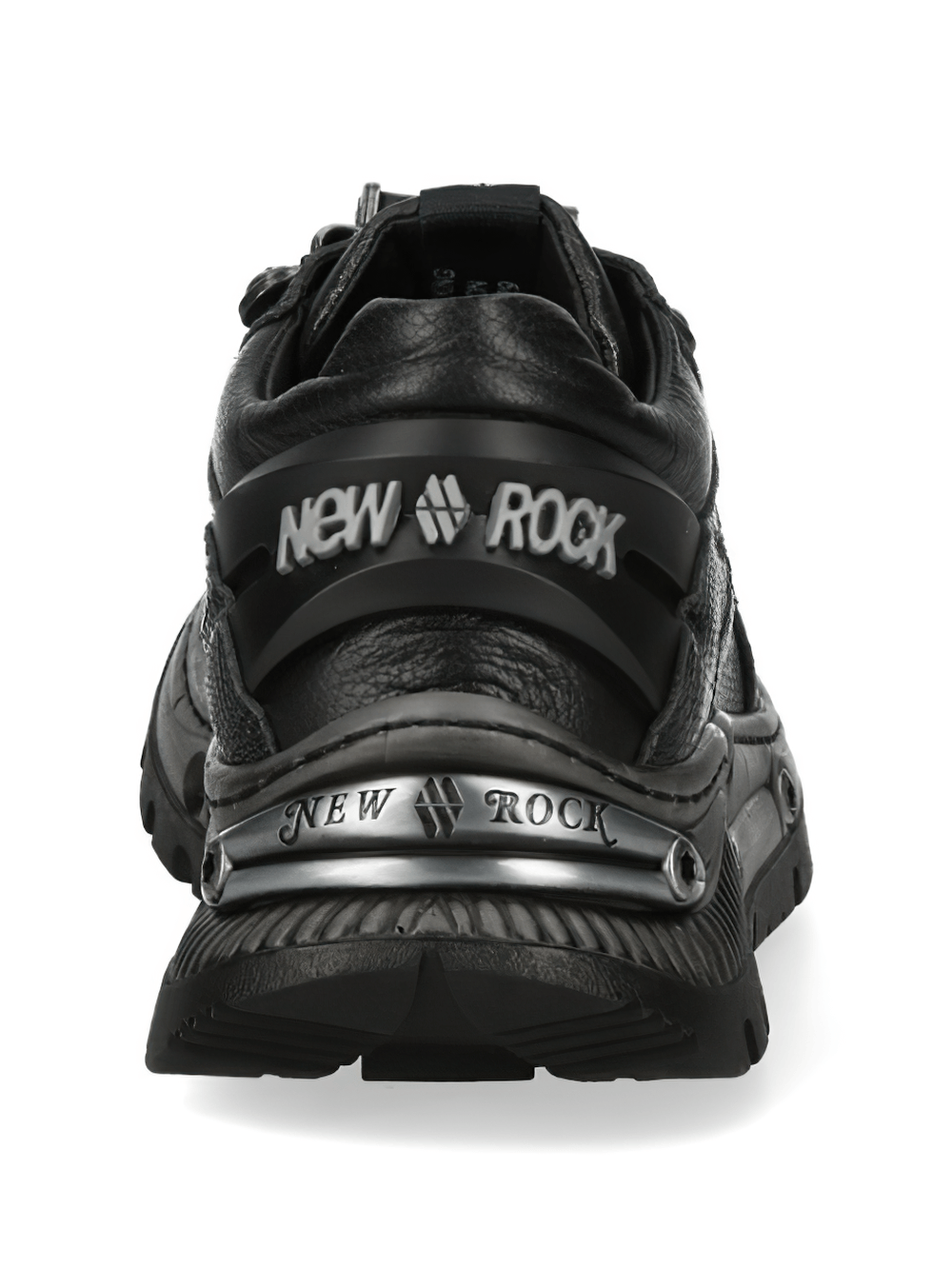 NEW ROCK Men's Low-Top Shoes with Reptile Textured Panels, back view showcasing rugged design and metal elements.