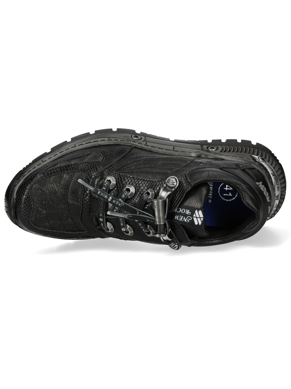 NEW ROCK Men's Low-Top Shoes with Reptile Textured Panels view from above, showcasing rugged design and hook lacing.