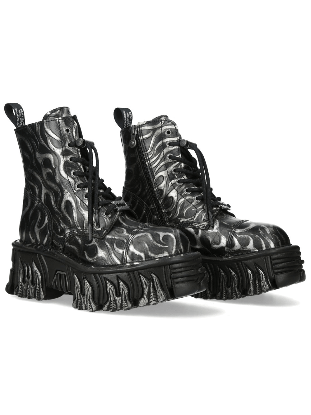 NEW ROCK Men's Platform Ankle Boots With Flame Tread Sole in black-steel with sculpted flame tread design.