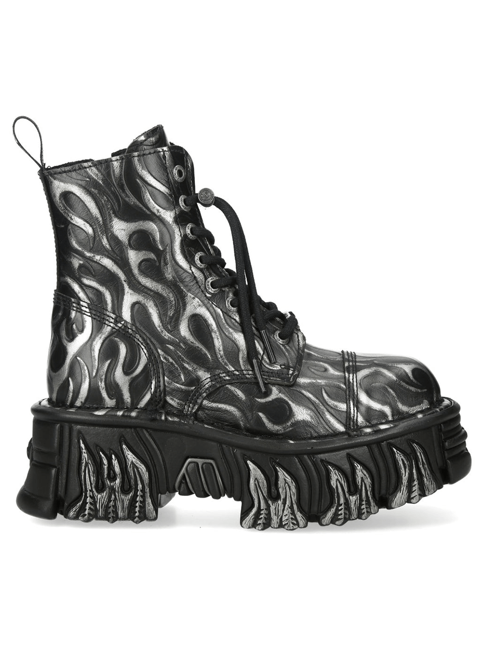 NEW ROCK Men's Platform Ankle Boots With Flame Tread Sole in metallic design and sculpted sole.