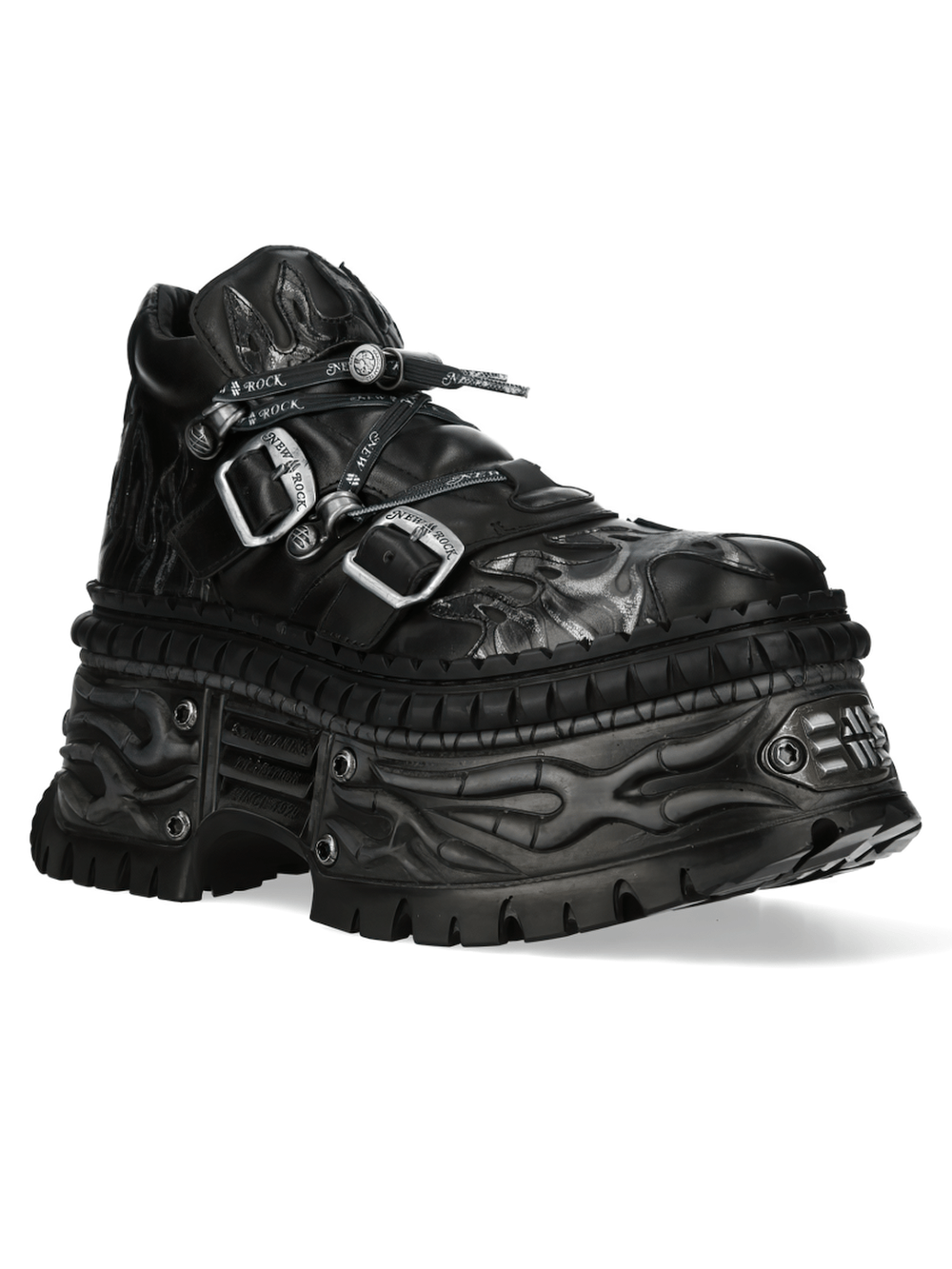 NEW ROCK Men's Platform Shoes with Flame Soles and Buckle featuring flame details and buckle straps.