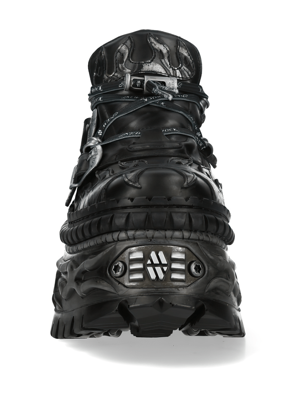 NEW ROCK Men's Platform Shoes with Flame Soles and Buckle featuring flame details and a chunky sculpted sole.