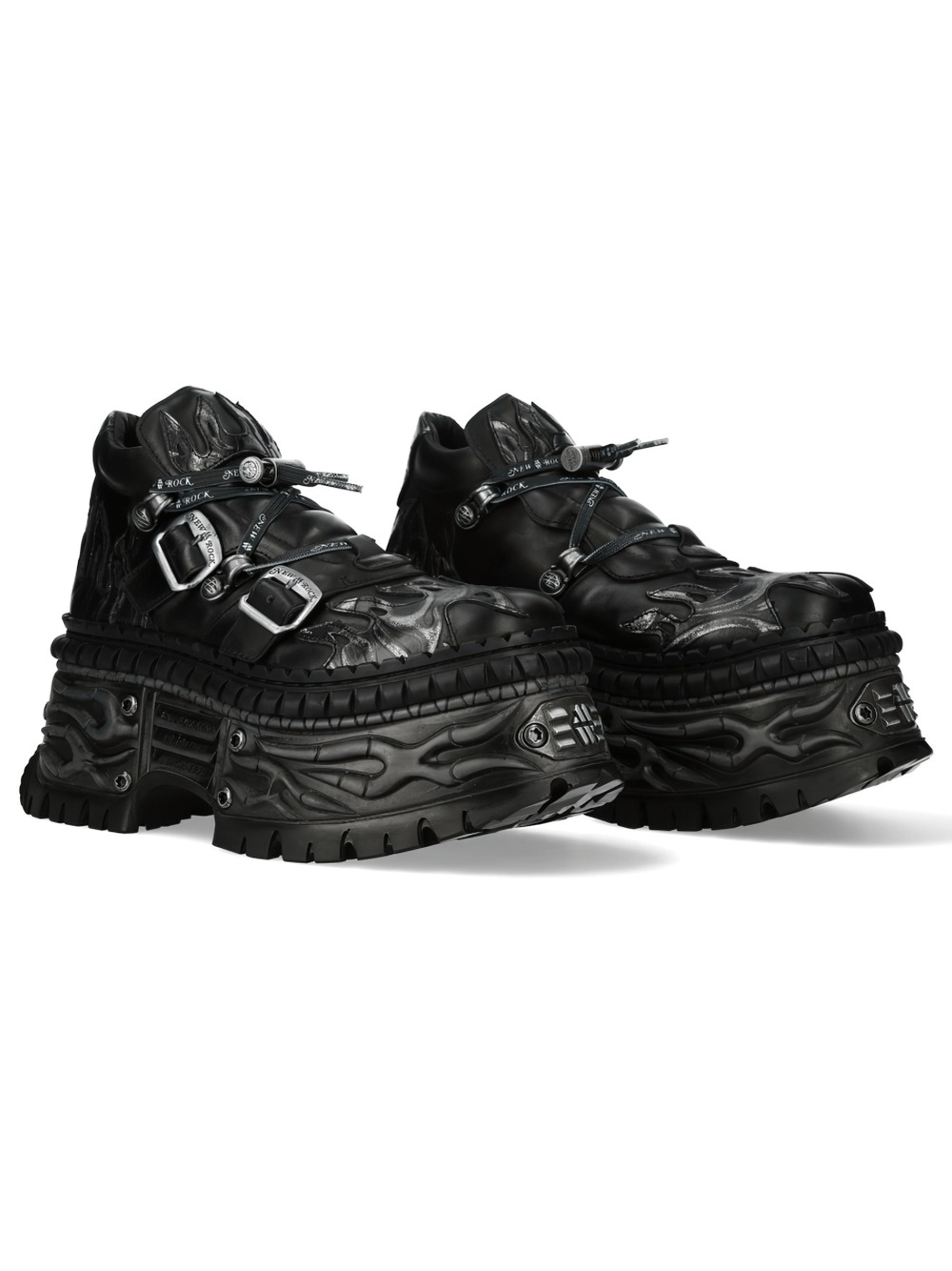 NEW ROCK Men's Platform Shoes with Flame Soles and Buckle featuring a chunky sole and buckle strap details.