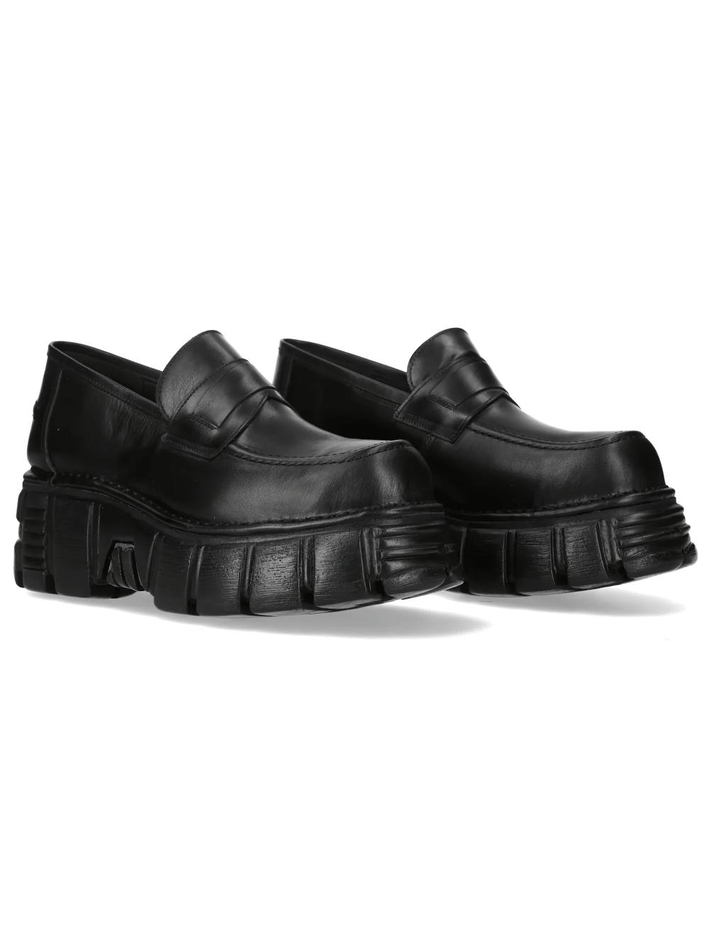 NEW ROCK Men's Platform Slip On Loafers with Chunky Sole in black, featuring chunky treaded lug outsole for a bold punk style.