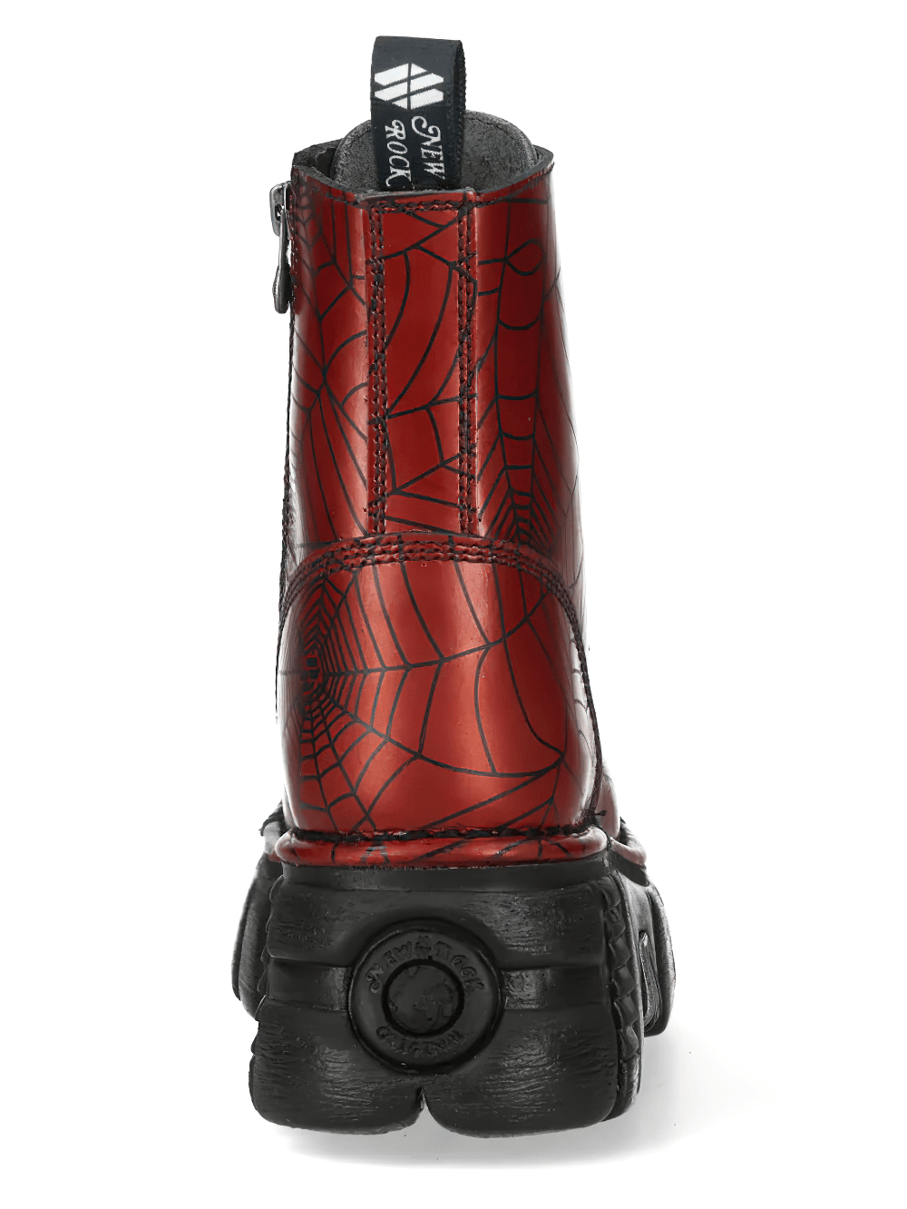 NEW ROCK Men's Red Spiderweb Boots with Chunky Platform Sole featuring a striking spiderweb design on a deep red leather boot.