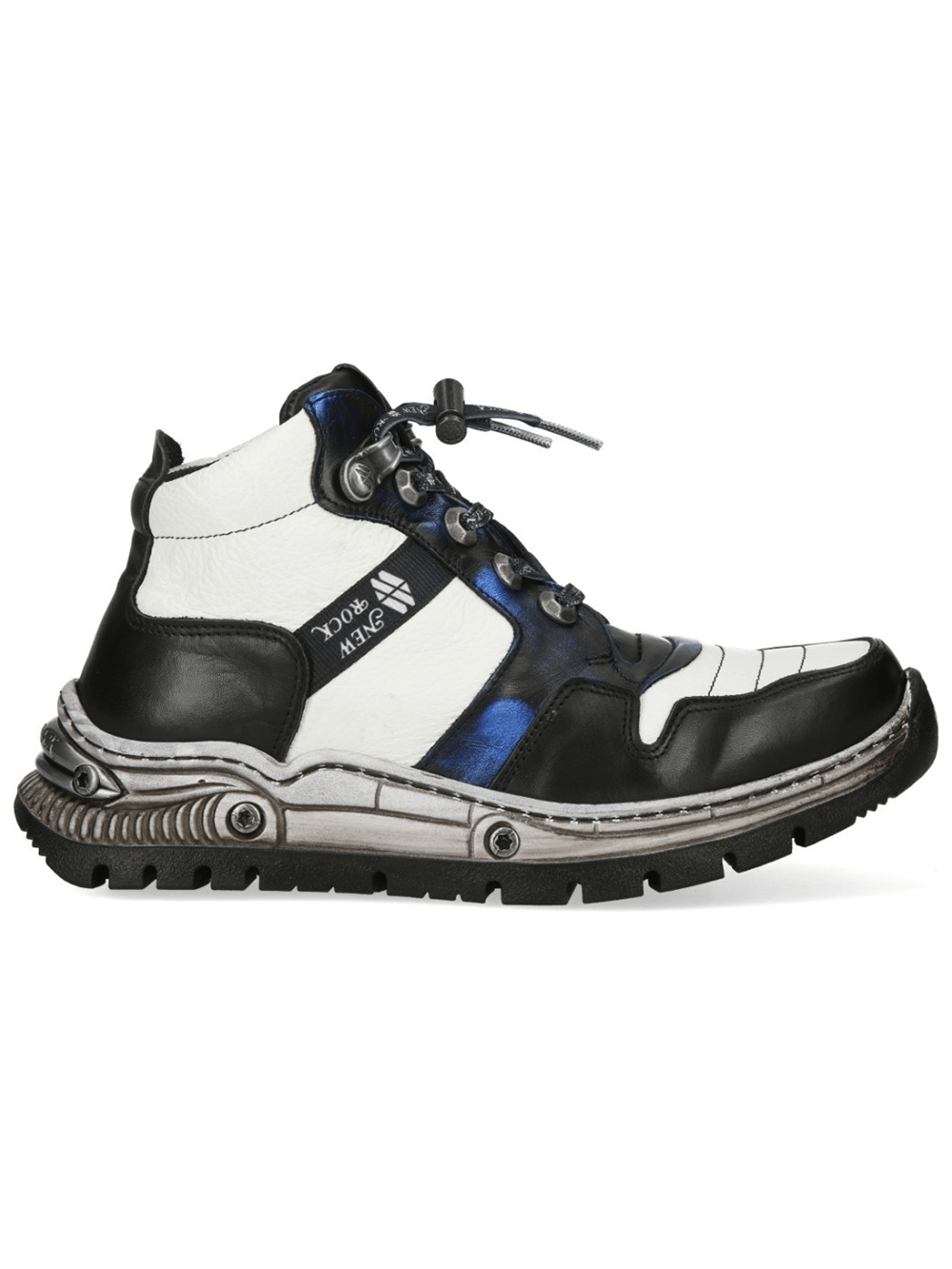 NEW ROCK Men's Rock Ankle Boots with Metallic Blue Accents, featuring rugged lace-up style and mechanical sole details.