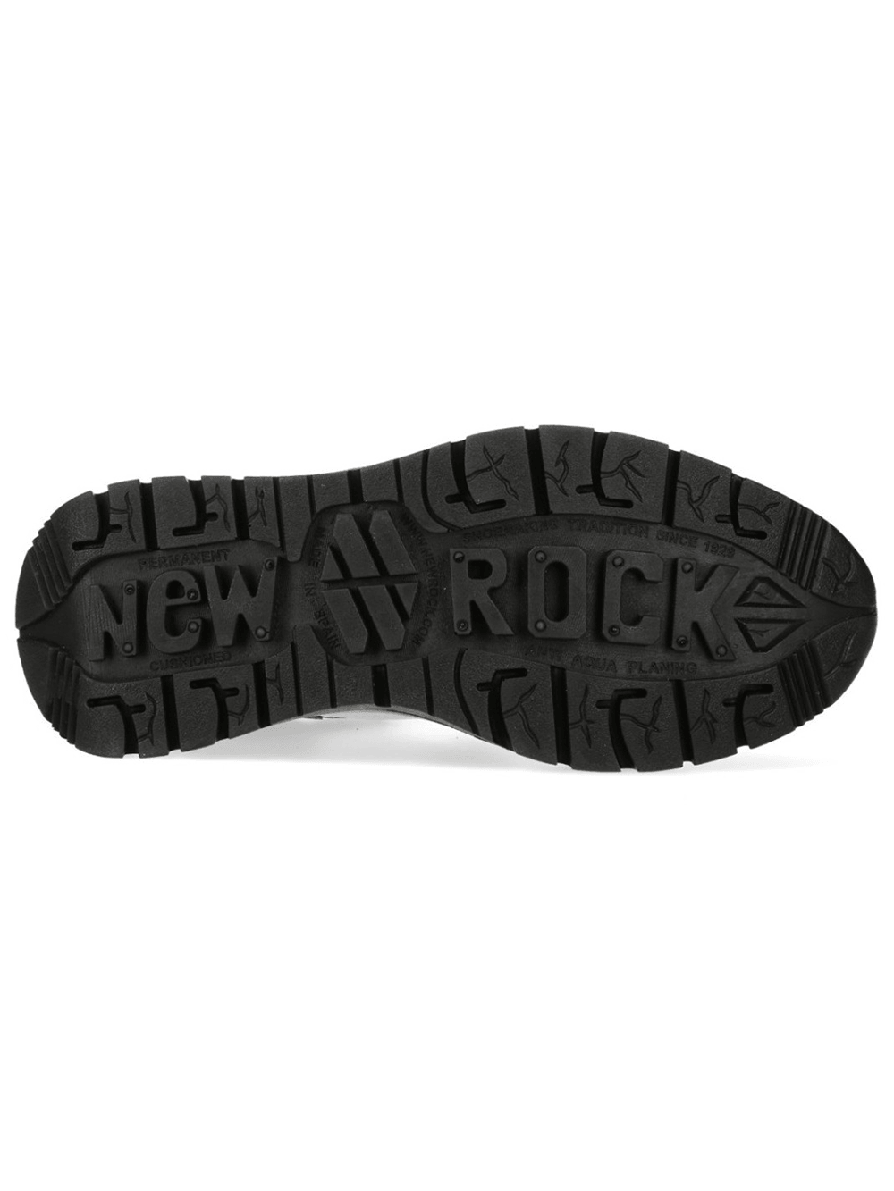 NEW ROCK Men's Rock Ankle Boots with Metallic Blue Accents sole showcasing rugged design and bold branding for alternative streetwear.