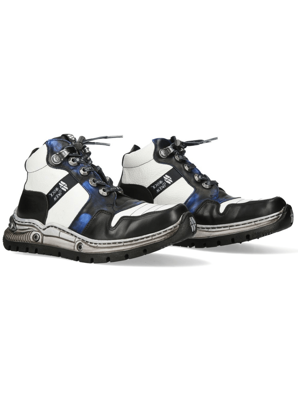 NEW ROCK Men's Rock Ankle Boots with Metallic Blue Accents in black and white with rugged lace-up styling.